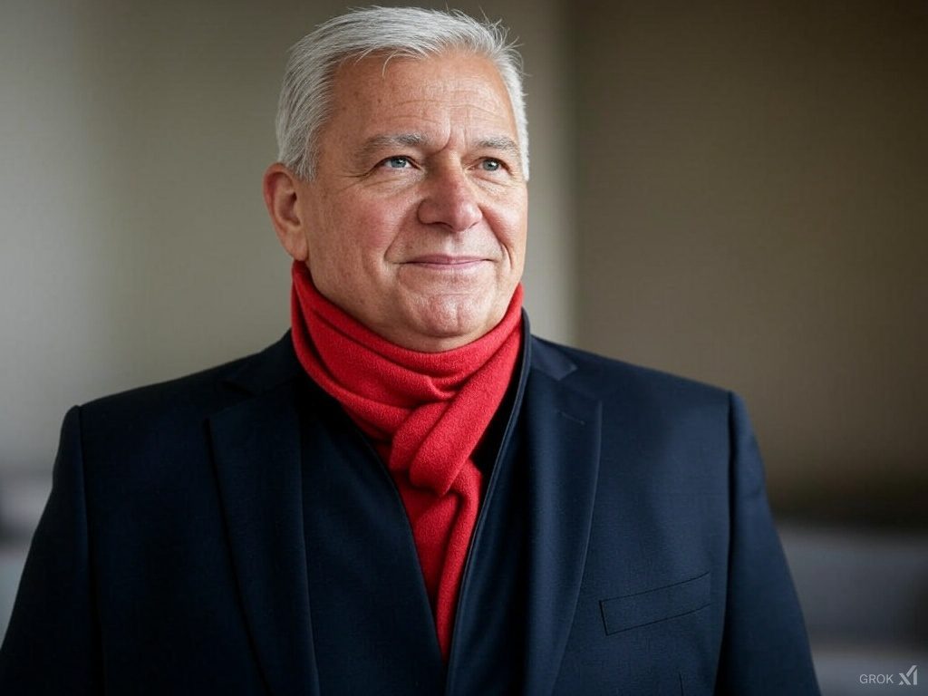 Porträtfoto von Klaus Hartmann. Er ist ein älterer Mann mit kurzen, silbergrauen Haaren und einem freundlichen Lächeln. Er trägt einen dunklen Anzug mit einem leuchtend roten Schal, der elegant um seinen Hals gewickelt ist. Der Hintergrund ist neutral und leicht unscharf, was eine warme und professionelle Atmosphäre erzeugt.